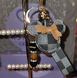 Minnie Mouse Checkered Leather Black, Gray & Tan Keychain w/beaded bar & strap